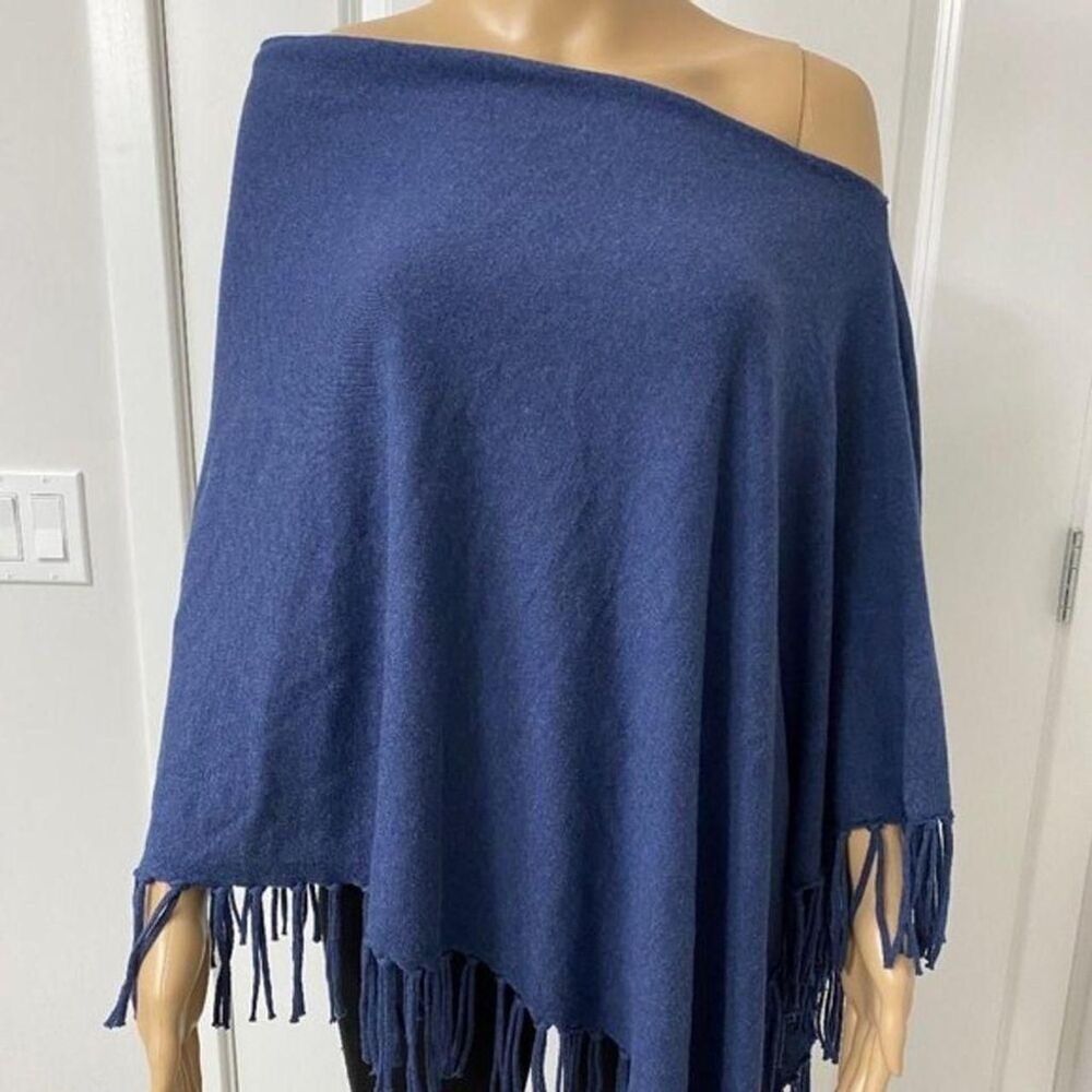 Unbranded Women's Blue Fringe Asymmetrical Knit Cape Poncho Wrap One Size OS